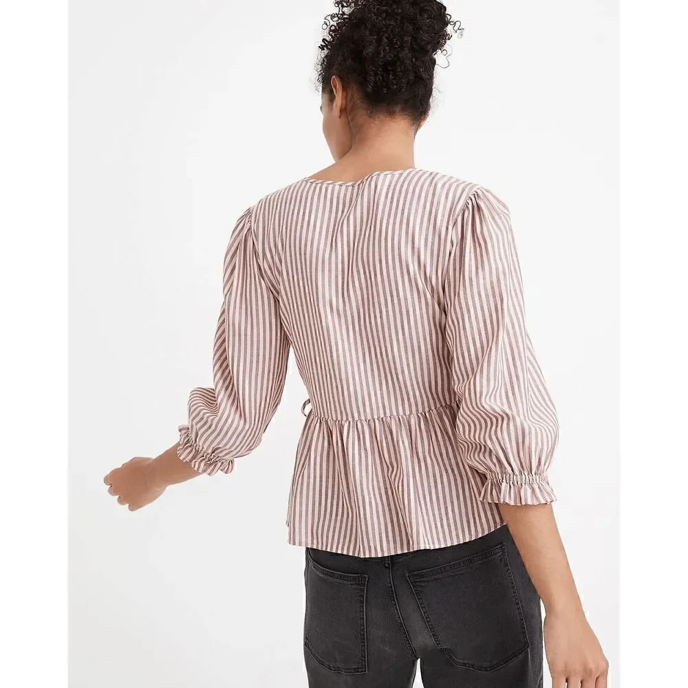MADEWELL Puff-Sleeve Peplum Wrap Top in Stripe size XXS Retails $79